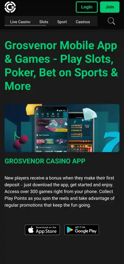 Official Grosvenor mobile page showing its casino and related mobile app options