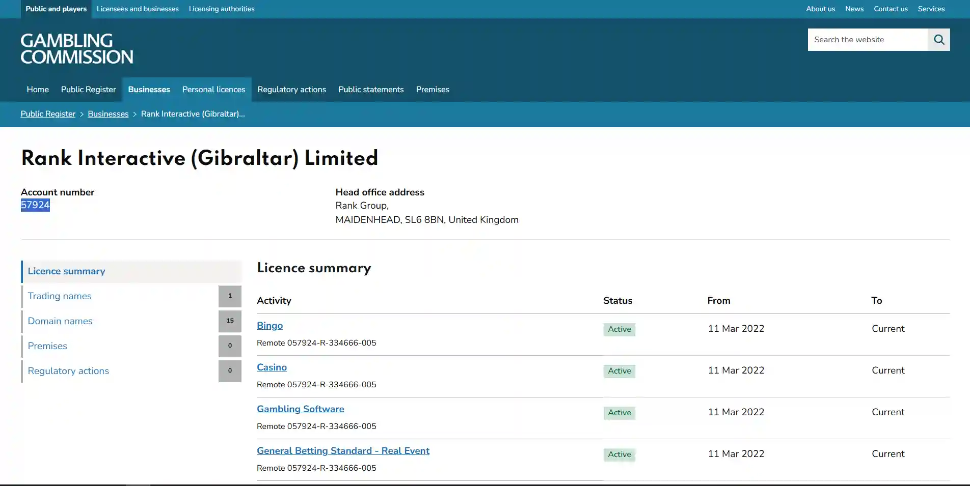 UK Gambling Commission register showing Rank Interactive account 57924 and its active Casino Remote licence