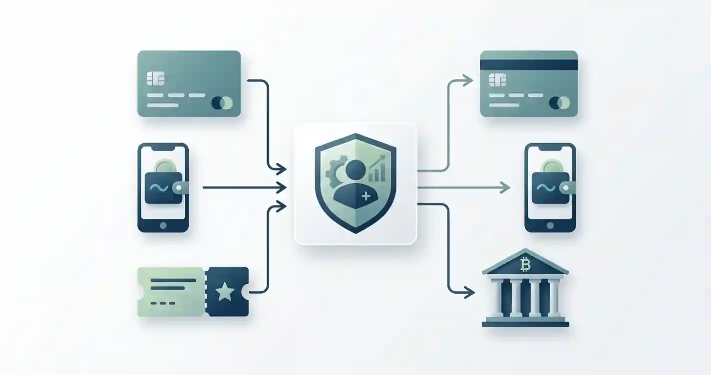 Educational diagram showing GBP deposits moving from debit card, wallet and bank routes into a casino account and withdrawals returning through eligible methods
