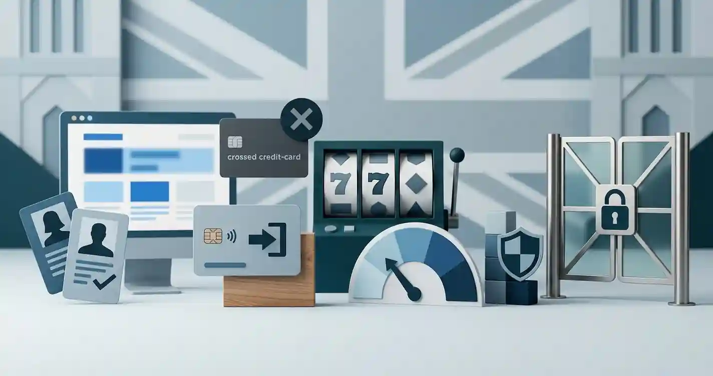 Illustration of Great Britain online casino rules with identity, payment, stake limit and safer gambling symbols