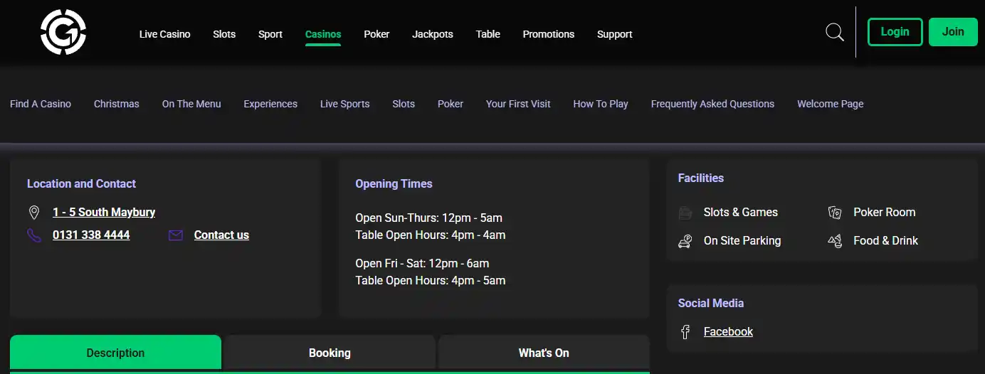 Official Grosvenor Edinburgh Maybury venue page showing the venue identity, opening hours and facilities