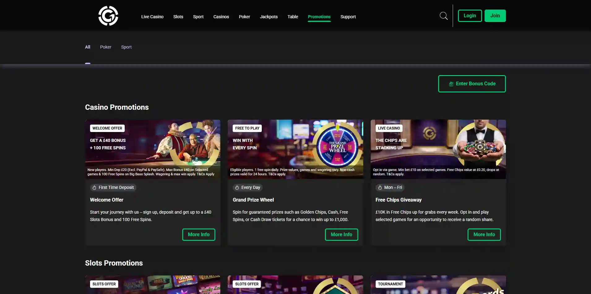 Current Grosvenor promotions page showing the live welcome offer and principal terms