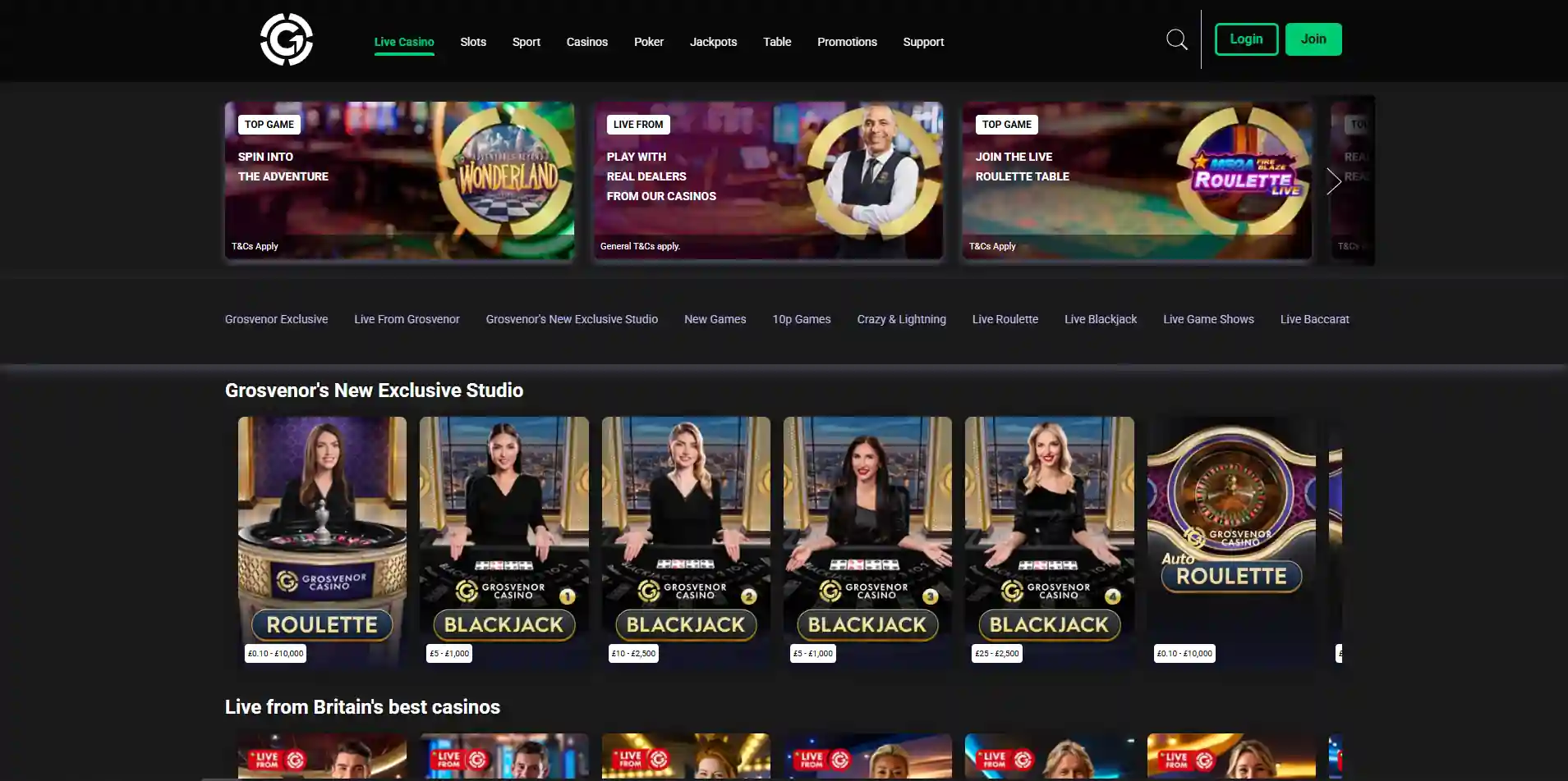 Current Grosvenor Live Casino page showing live dealer categories