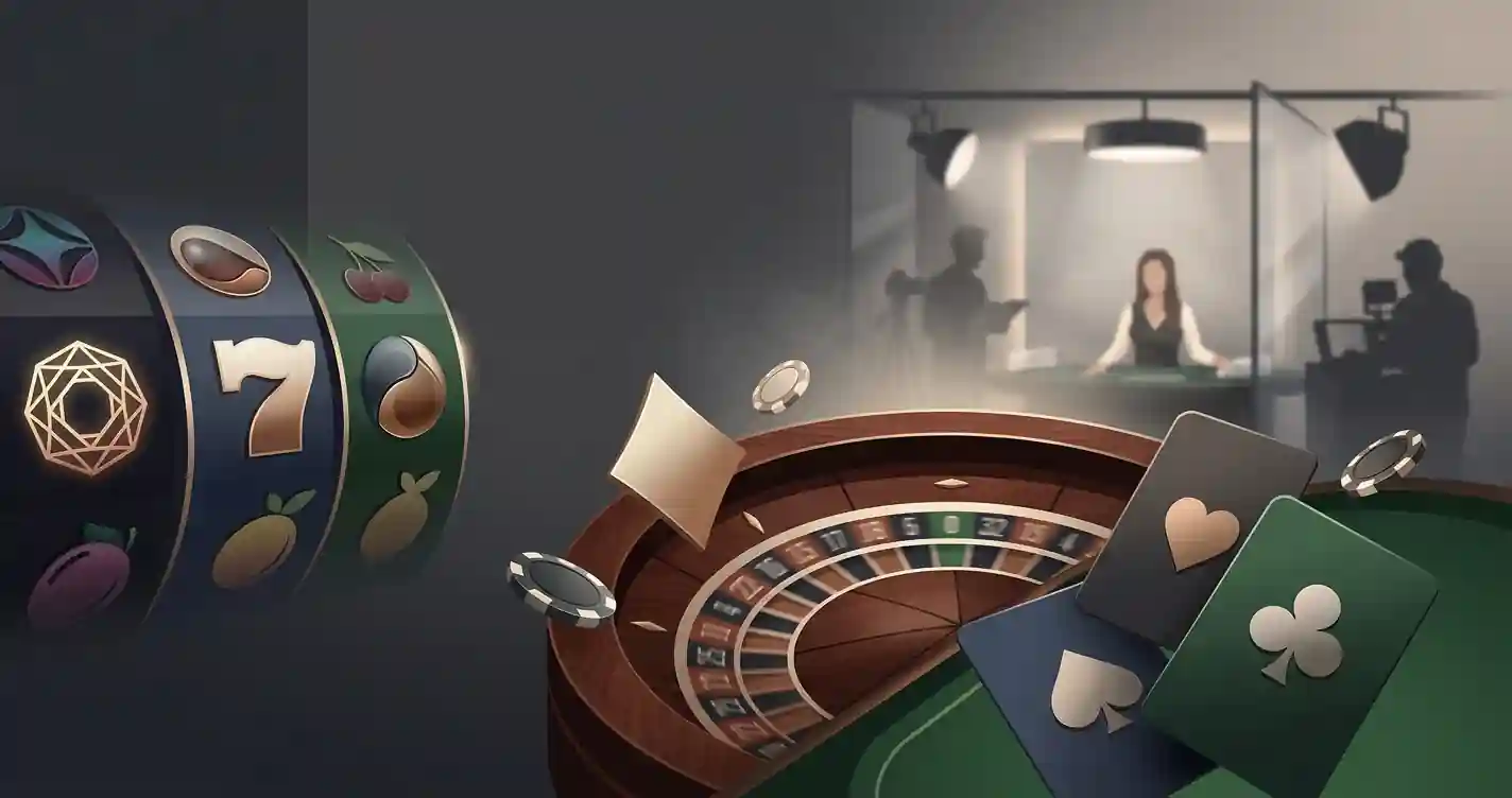 Illustration representing online slots, roulette, cards and live casino categories without copied game artwork or logos