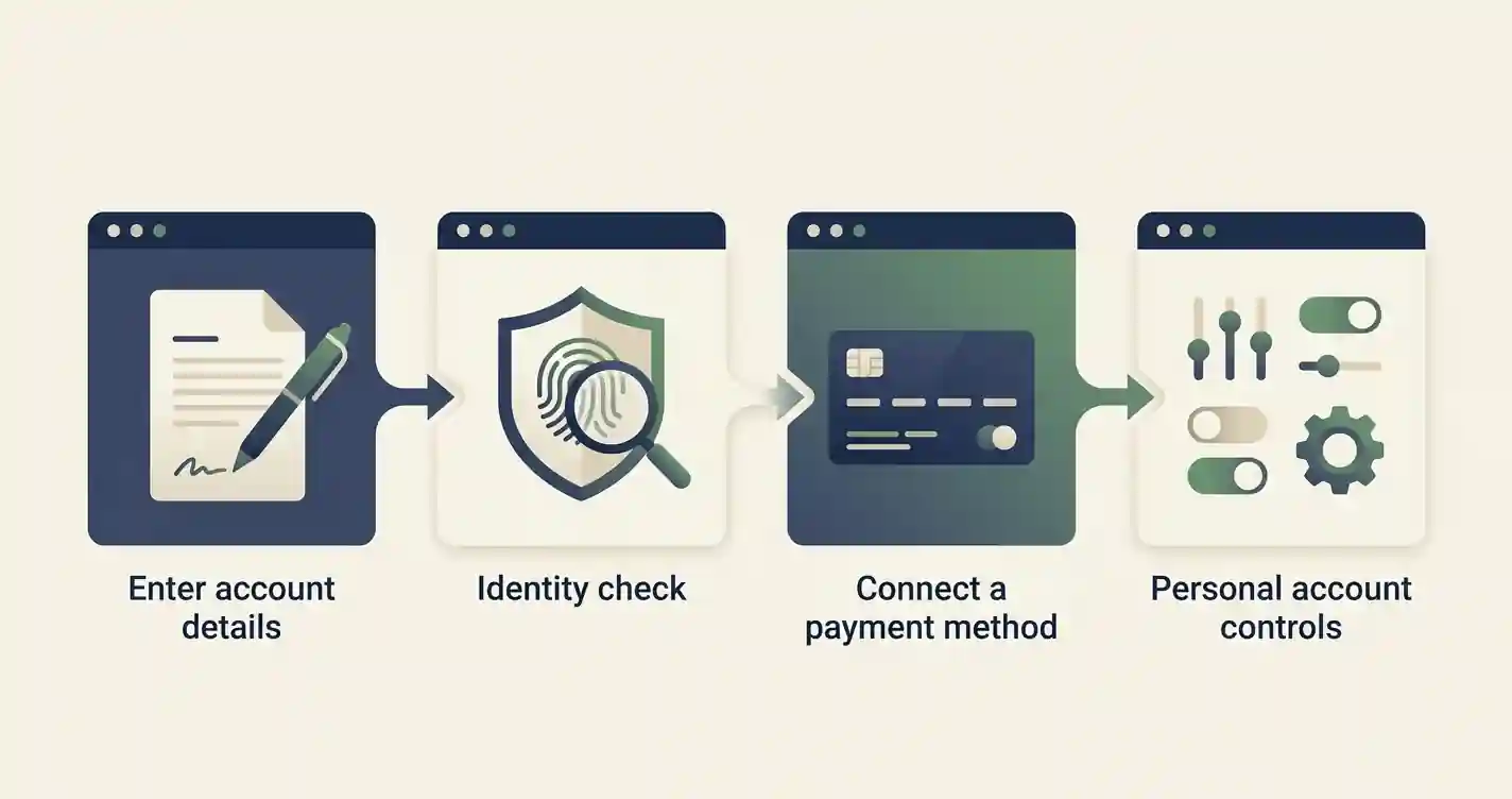 Illustrated registration and verification journey from account details through identity checks to account controls