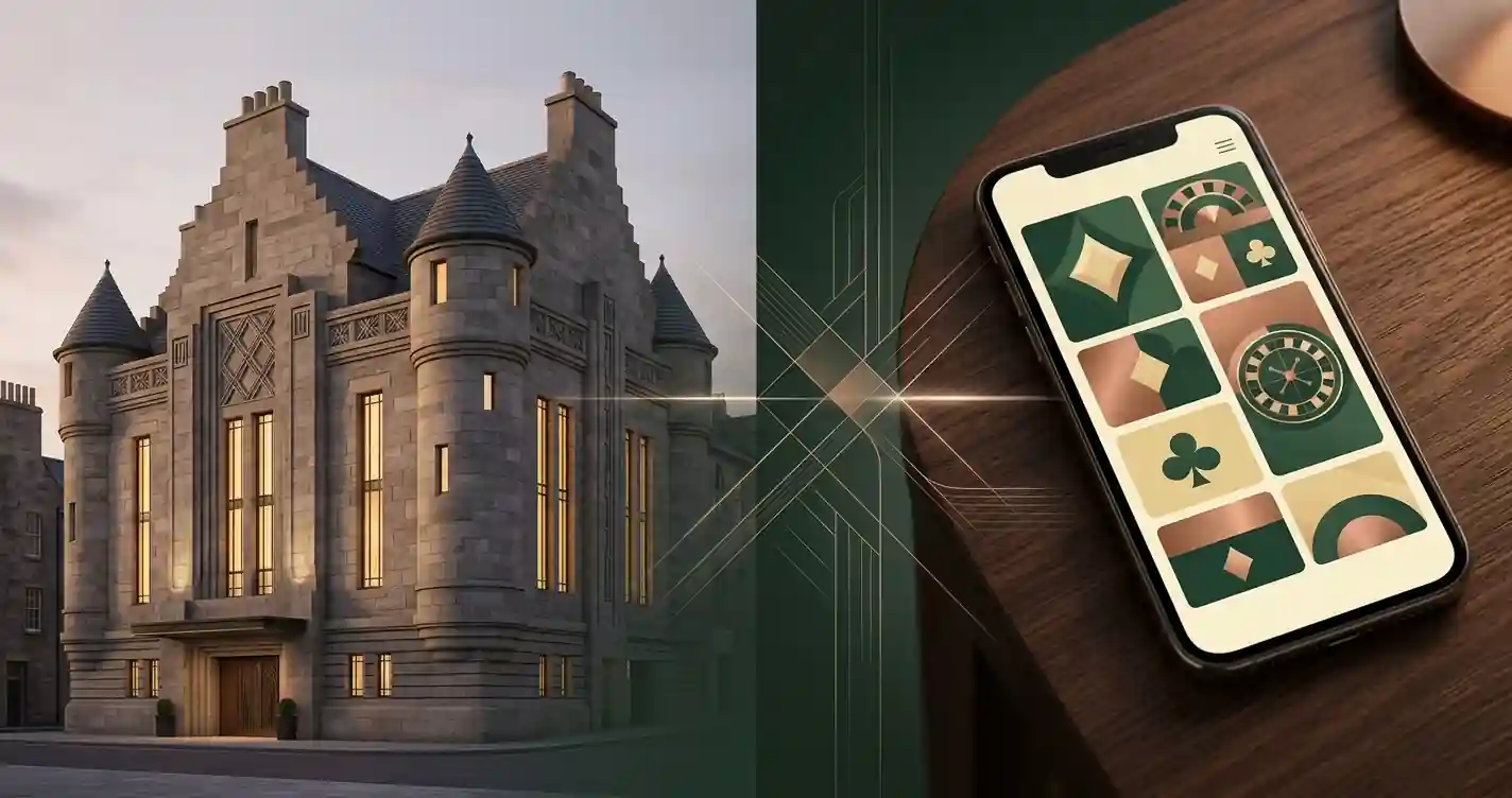 Maybury Casino guide image combining an Edinburgh venue motif with a mobile casino concept